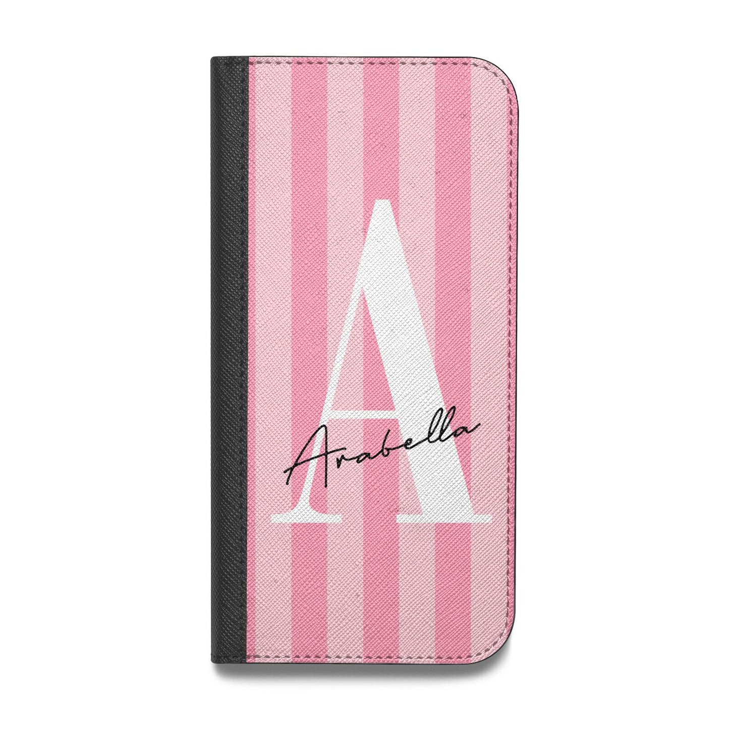 Personalised Pink Stripes Initial Vegan Leather Flip iPhone Case