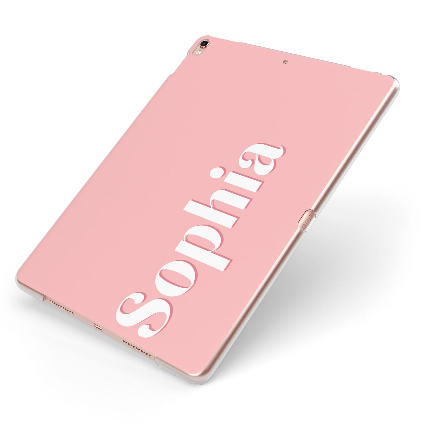 Personalised Pink Text Apple iPad Case on Rose Gold iPad Side View