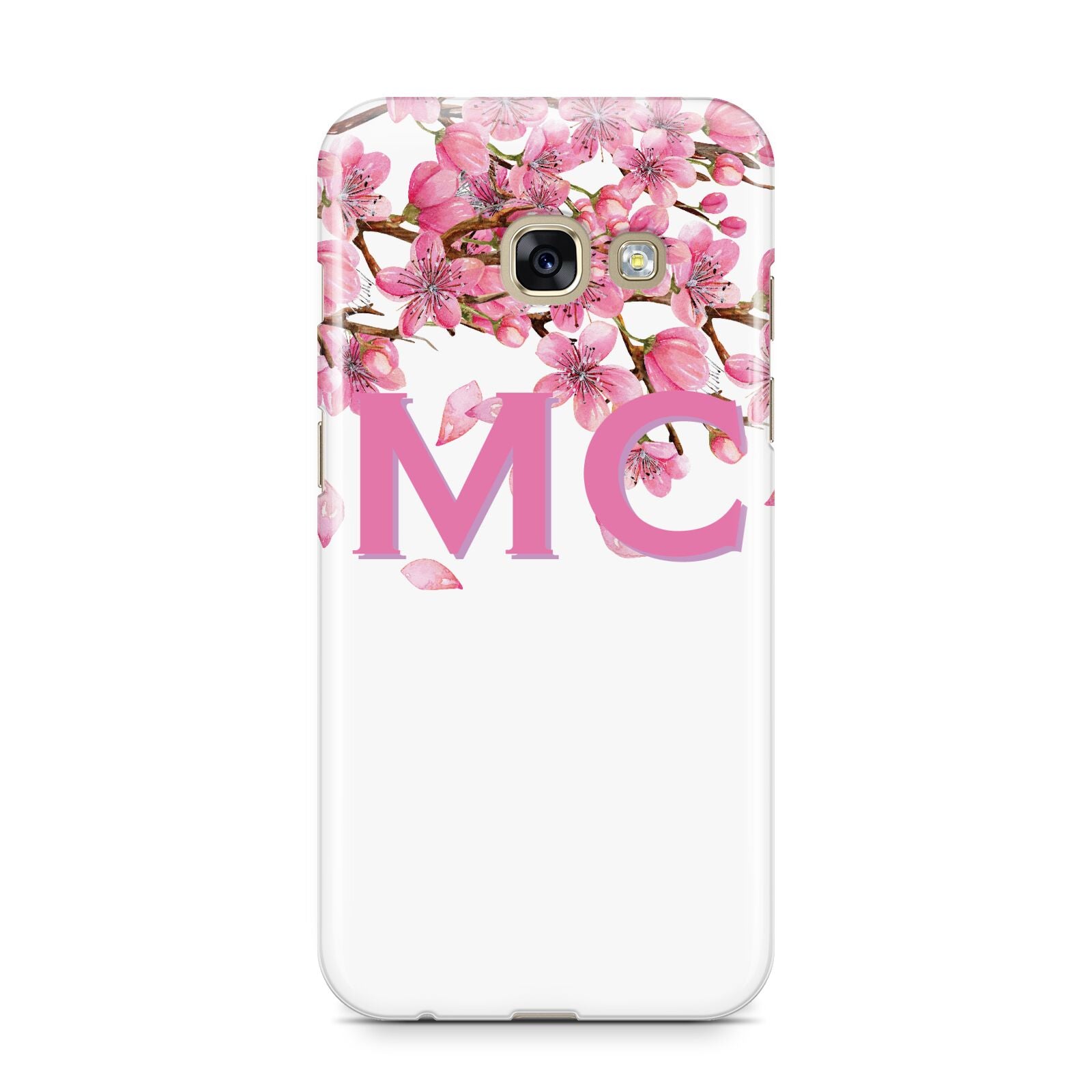 Personalised Pink White Blossom Samsung Galaxy A3 2017 Case on gold phone