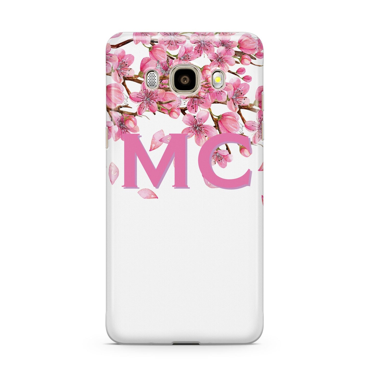 Personalised Pink White Blossom Samsung Galaxy J7 2016 Case on gold phone