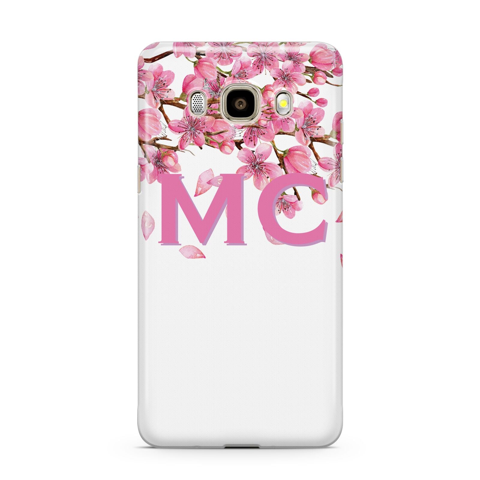 Personalised Pink White Blossom Samsung Galaxy J7 2016 Case on gold phone