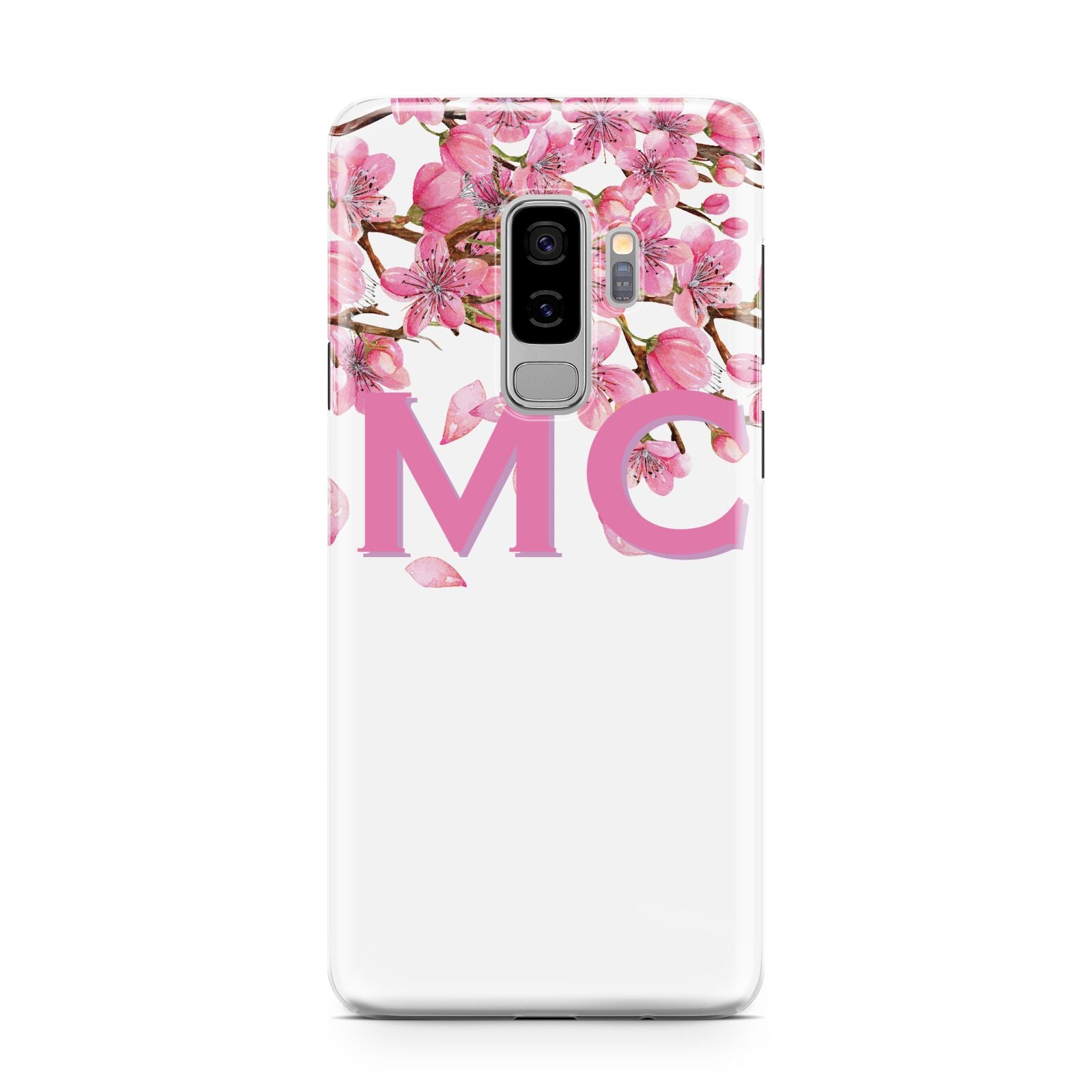 Personalised Pink White Blossom Samsung Galaxy S9 Plus Case on Silver phone