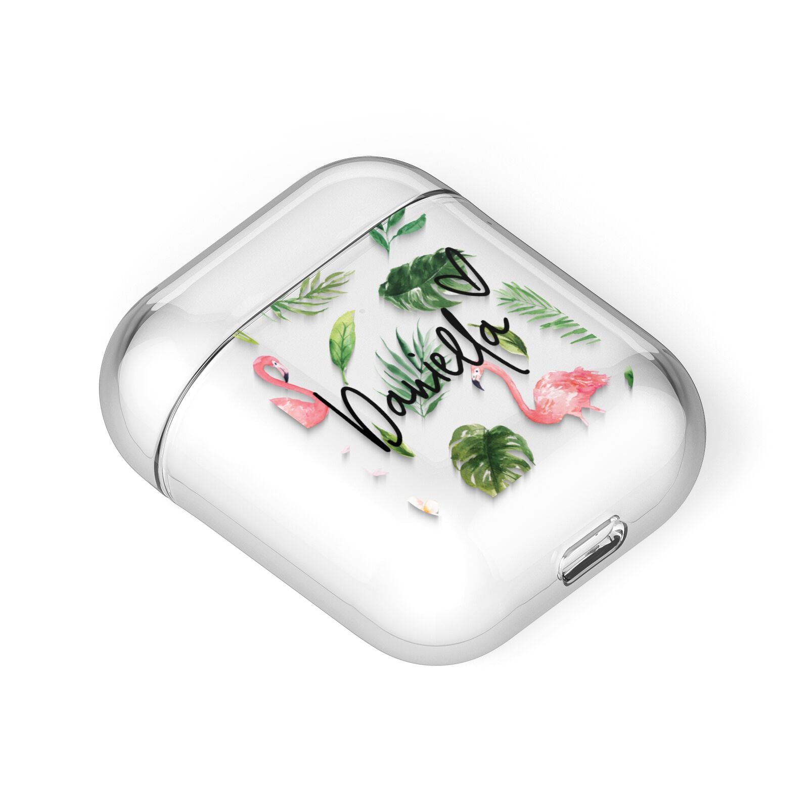 Personalised Pink White Flamingo AirPods Case Laid Flat