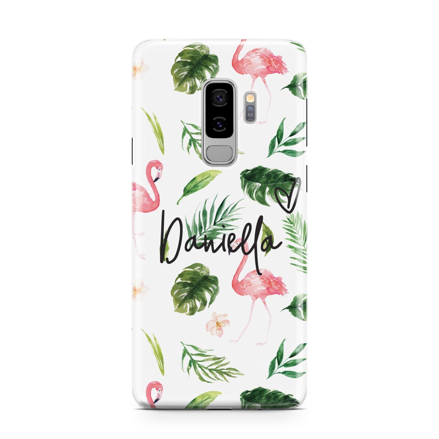 Personalised Pink White Flamingo Samsung Galaxy S9 Plus Case on Silver phone