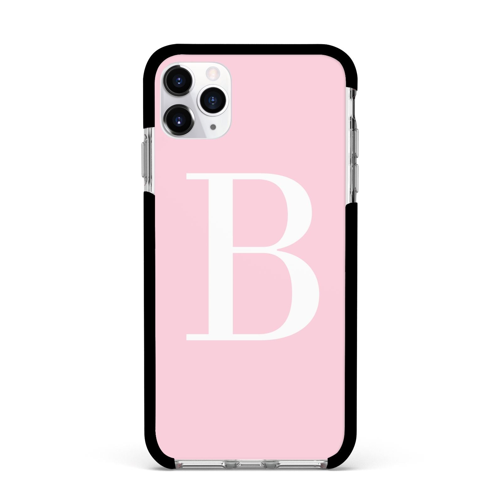 Personalised Pink White Initial Apple iPhone 11 Pro Max in Silver with Black Impact Case