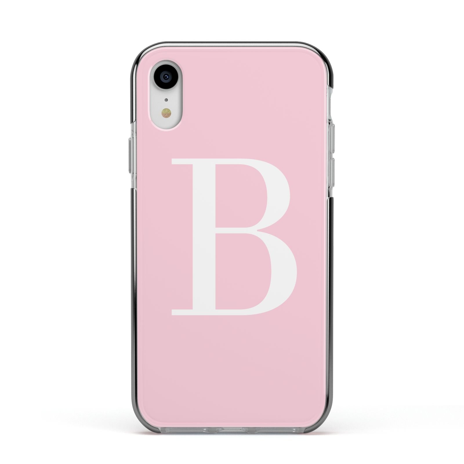 Personalised Pink White Initial Apple iPhone XR Impact Case Black Edge on Silver Phone