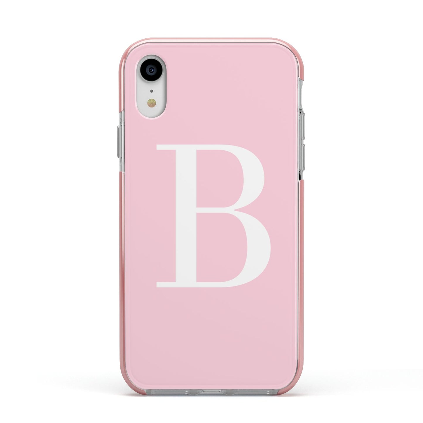 Personalised Pink White Initial Apple iPhone XR Impact Case Pink Edge on Silver Phone