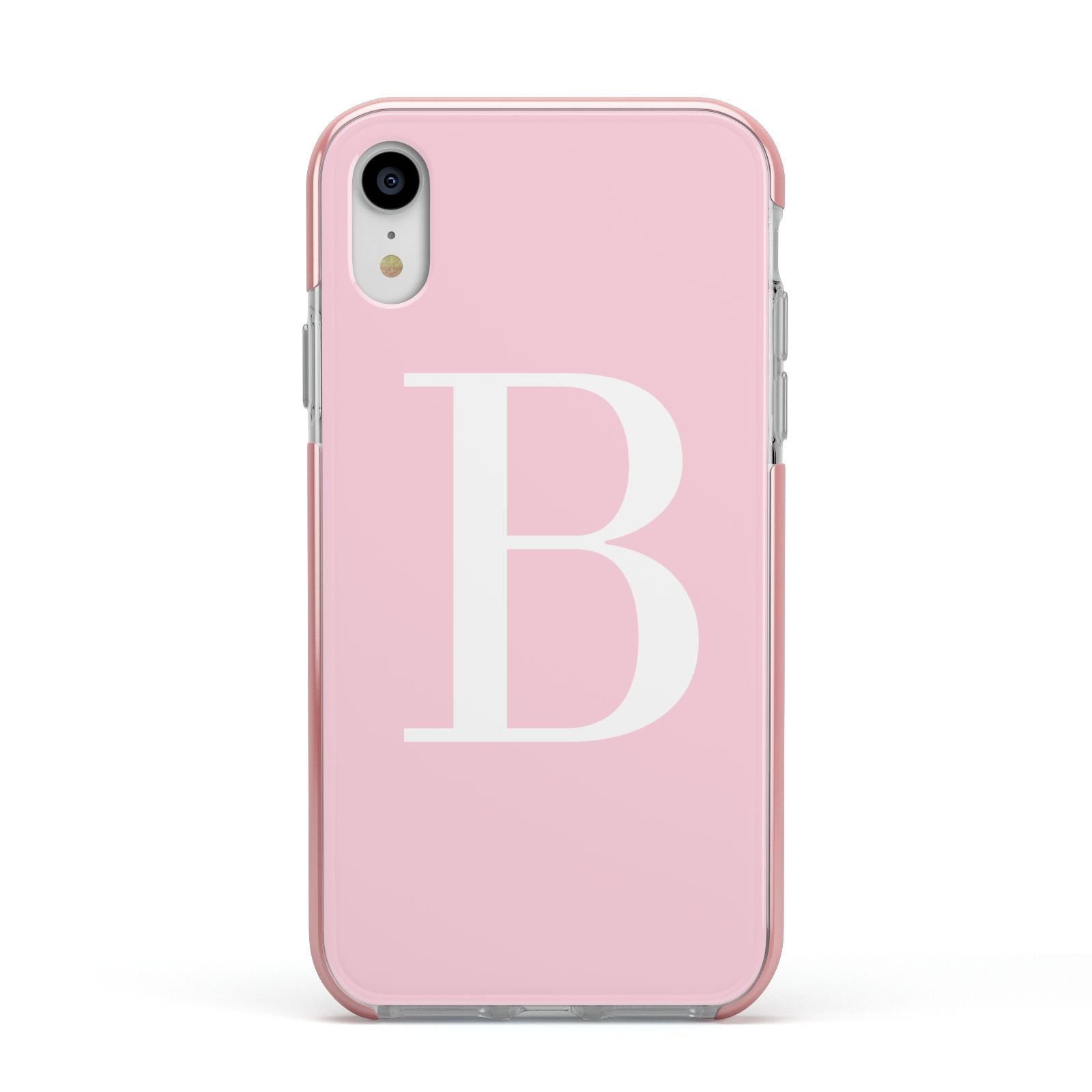 Personalised Pink White Initial Apple iPhone XR Impact Case Pink Edge on Silver Phone