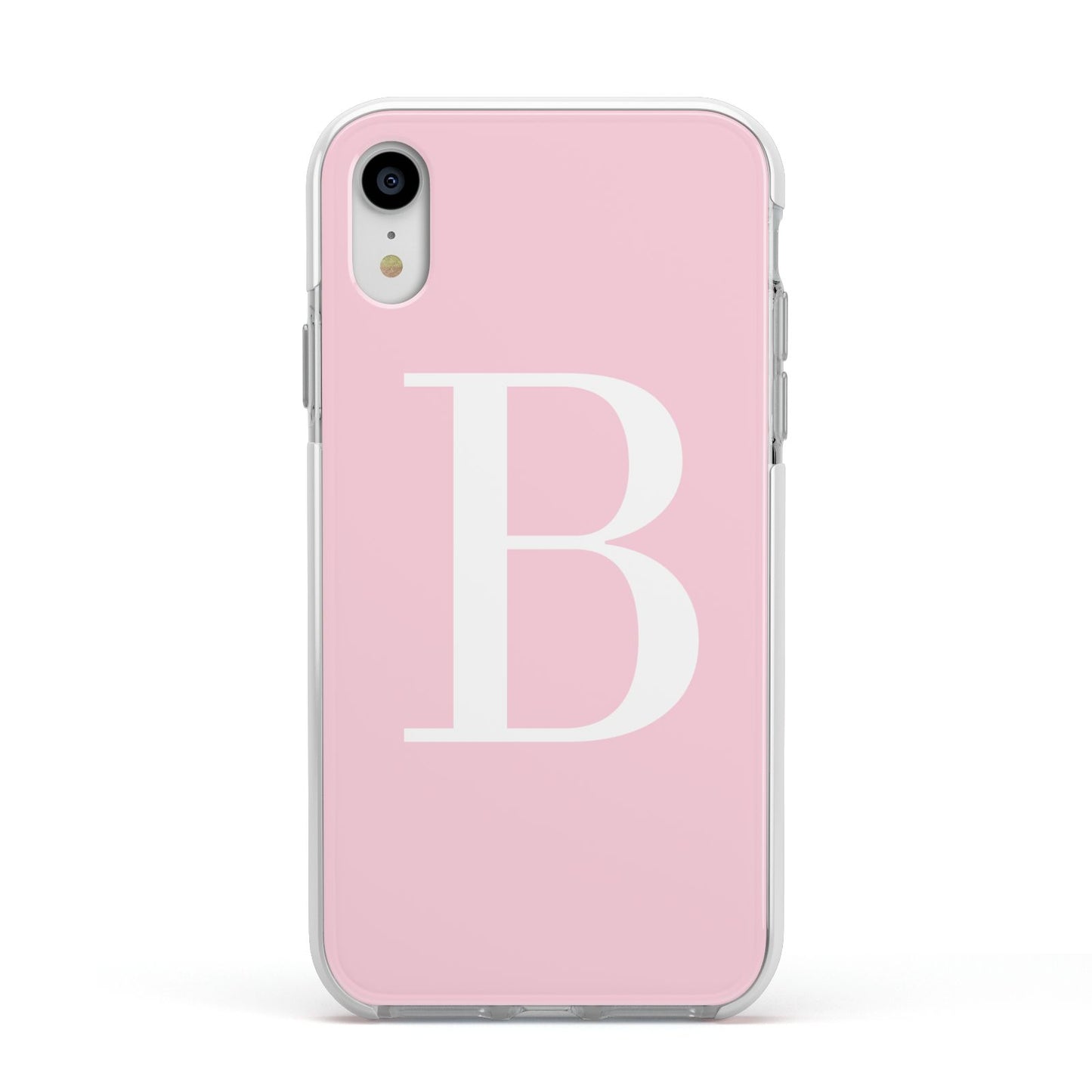 Personalised Pink White Initial Apple iPhone XR Impact Case White Edge on Silver Phone