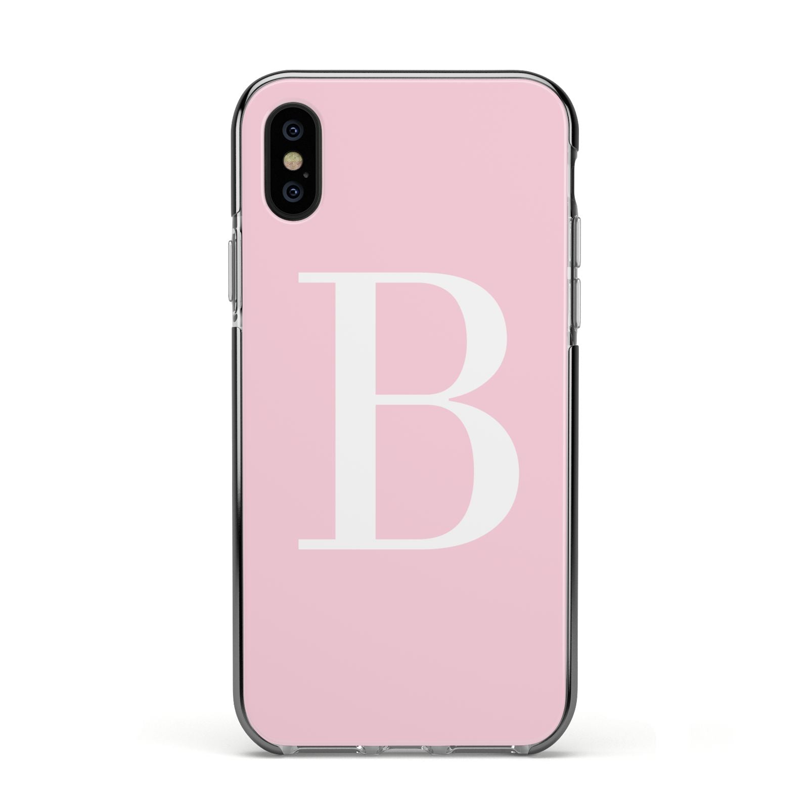 Personalised Pink White Initial Apple iPhone Xs Impact Case Black Edge on Black Phone