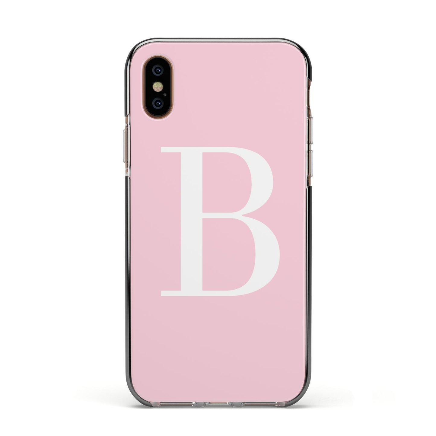 Personalised Pink White Initial Apple iPhone Xs Impact Case Black Edge on Gold Phone