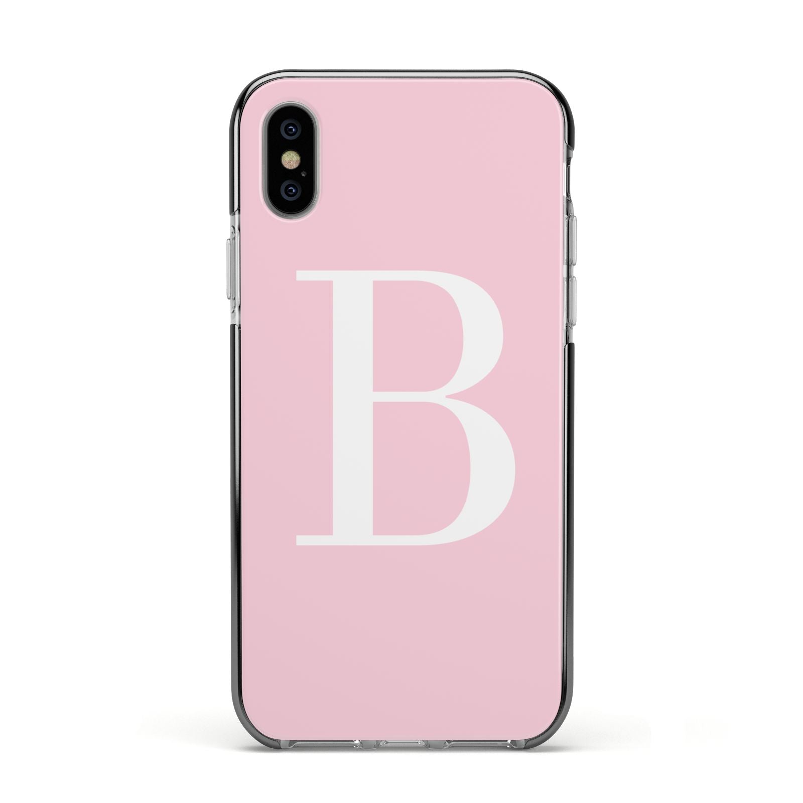 Personalised Pink White Initial Apple iPhone Xs Impact Case Black Edge on Silver Phone