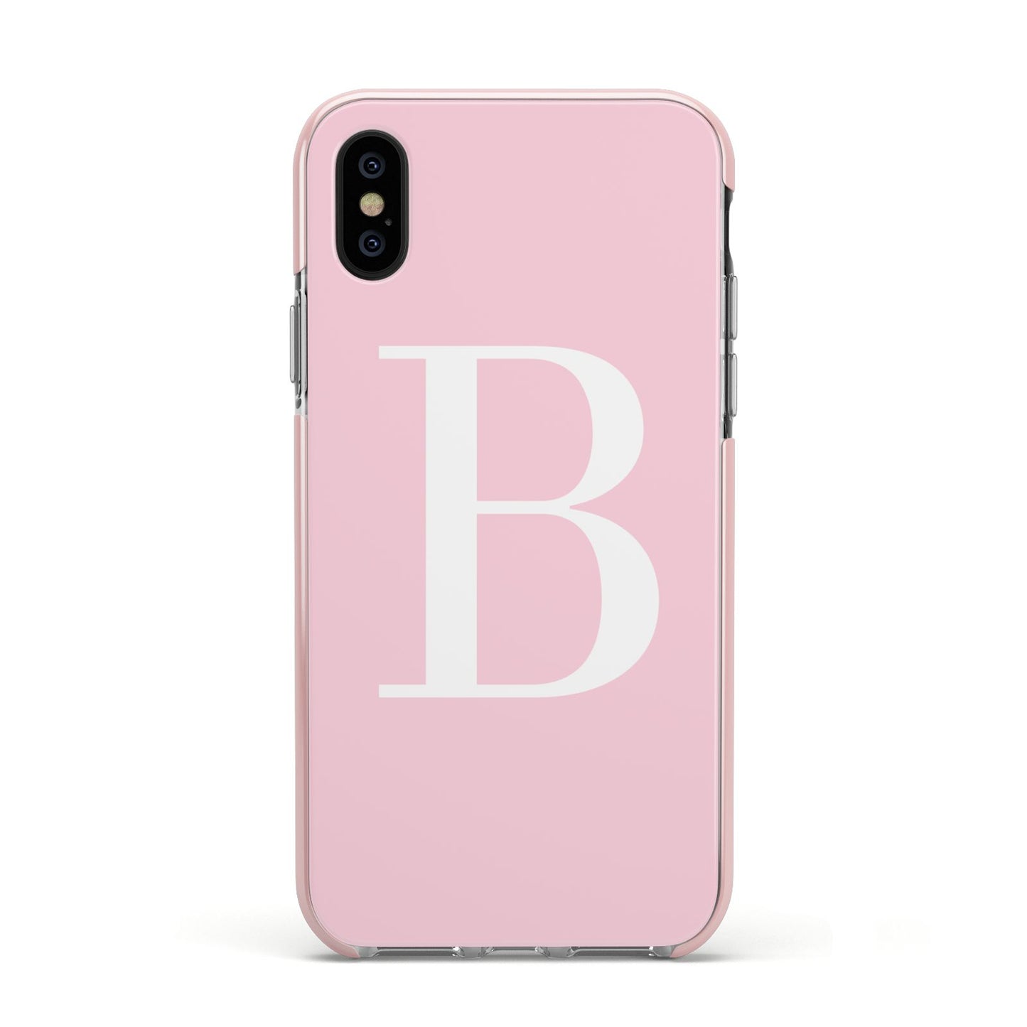 Personalised Pink White Initial Apple iPhone Xs Impact Case Pink Edge on Black Phone