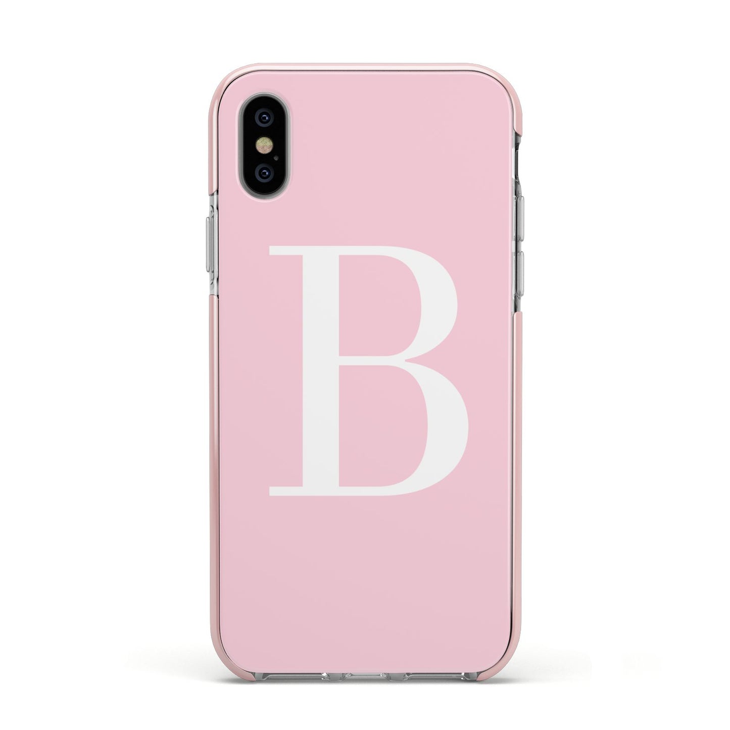 Personalised Pink White Initial Apple iPhone Xs Impact Case Pink Edge on Silver Phone