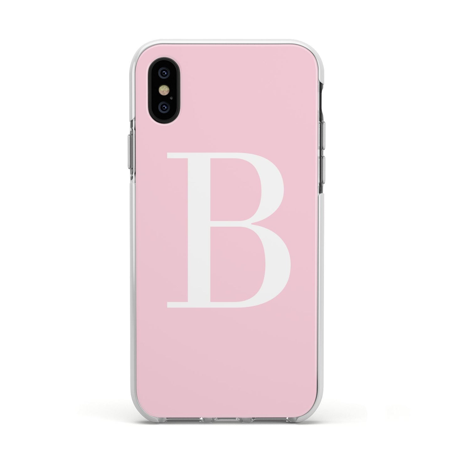 Personalised Pink White Initial Apple iPhone Xs Impact Case White Edge on Black Phone