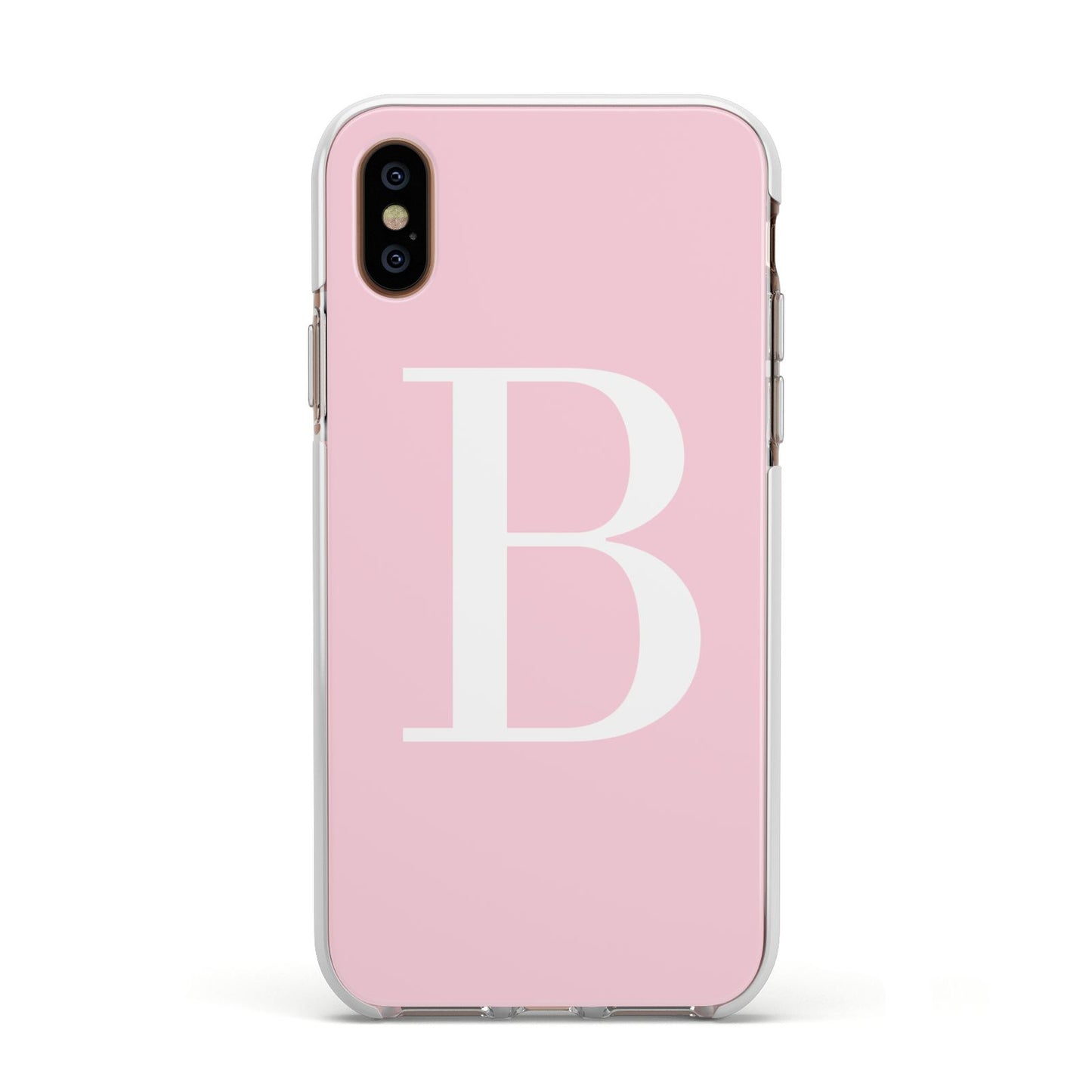 Personalised Pink White Initial Apple iPhone Xs Impact Case White Edge on Gold Phone