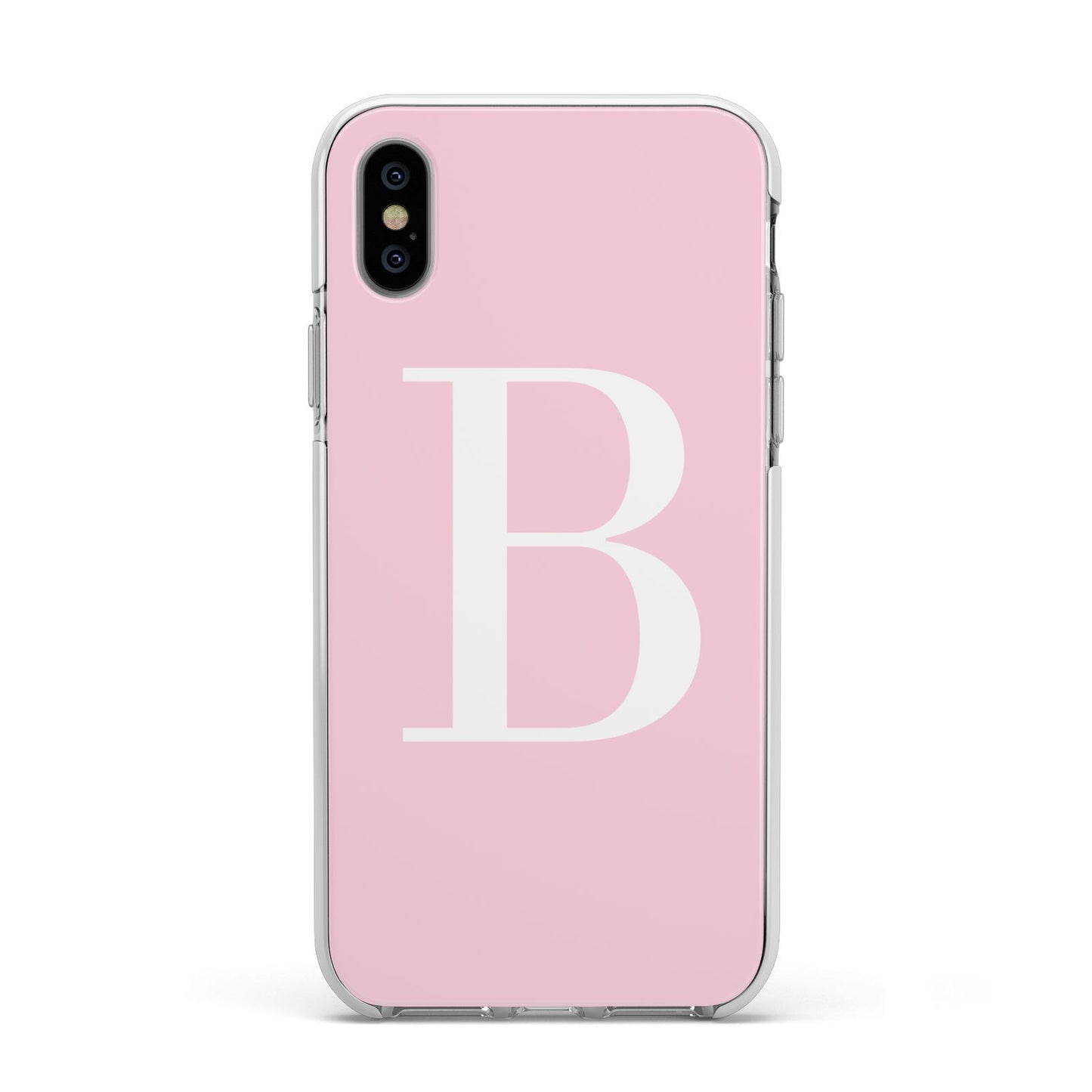 Personalised Pink White Initial Apple iPhone Xs Impact Case White Edge on Silver Phone