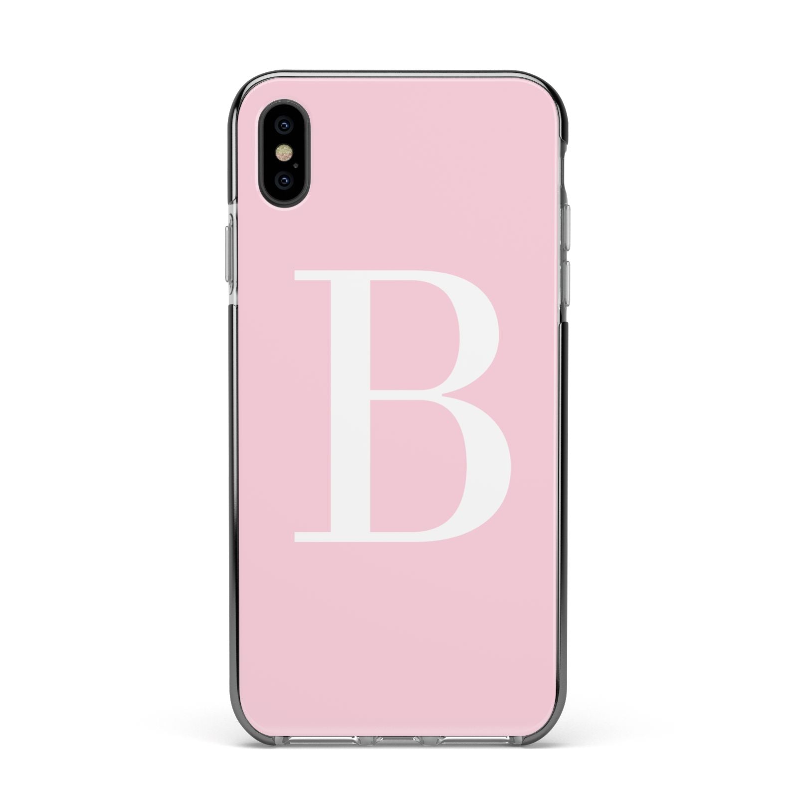 Personalised Pink White Initial Apple iPhone Xs Max Impact Case Black Edge on Black Phone