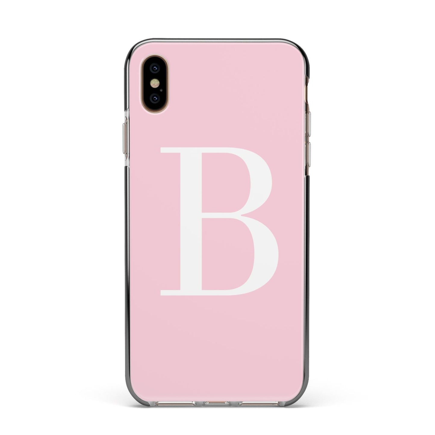 Personalised Pink White Initial Apple iPhone Xs Max Impact Case Black Edge on Gold Phone