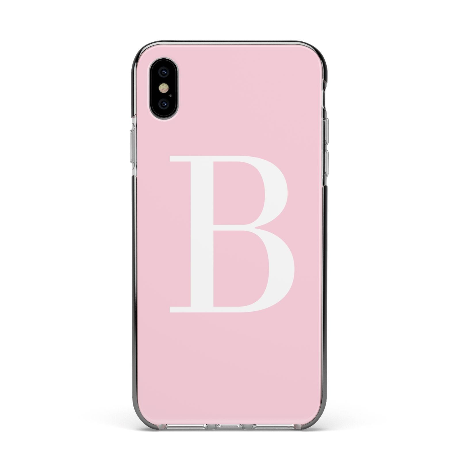 Personalised Pink White Initial Apple iPhone Xs Max Impact Case Black Edge on Silver Phone