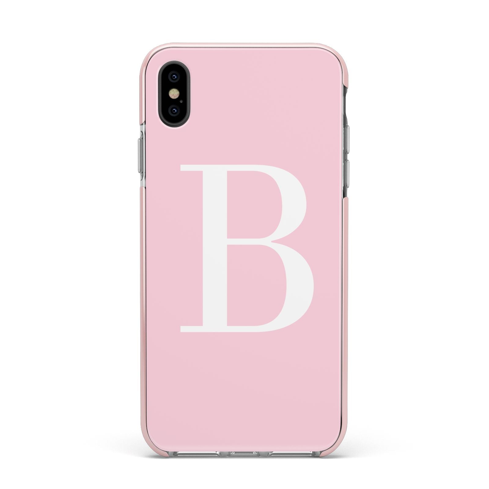 Personalised Pink White Initial Apple iPhone Xs Max Impact Case Pink Edge on Black Phone