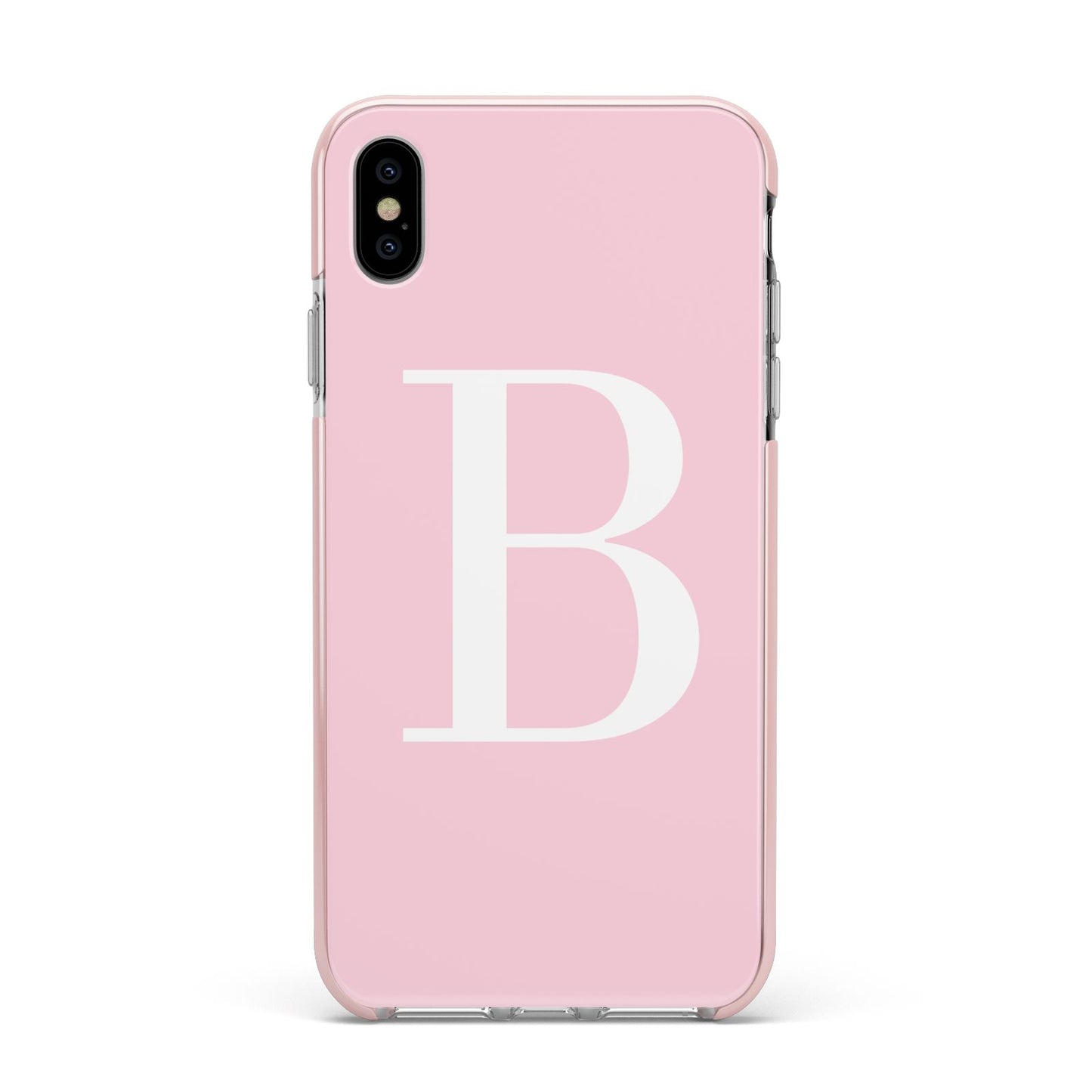 Personalised Pink White Initial Apple iPhone Xs Max Impact Case Pink Edge on Silver Phone