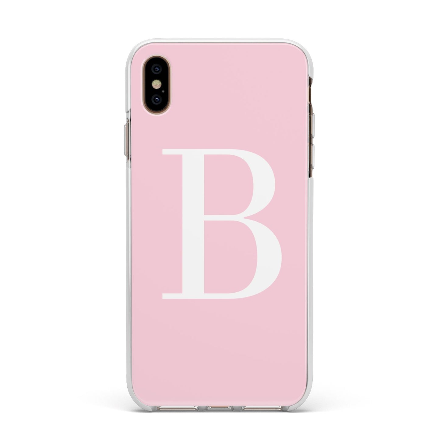 Personalised Pink White Initial Apple iPhone Xs Max Impact Case White Edge on Gold Phone