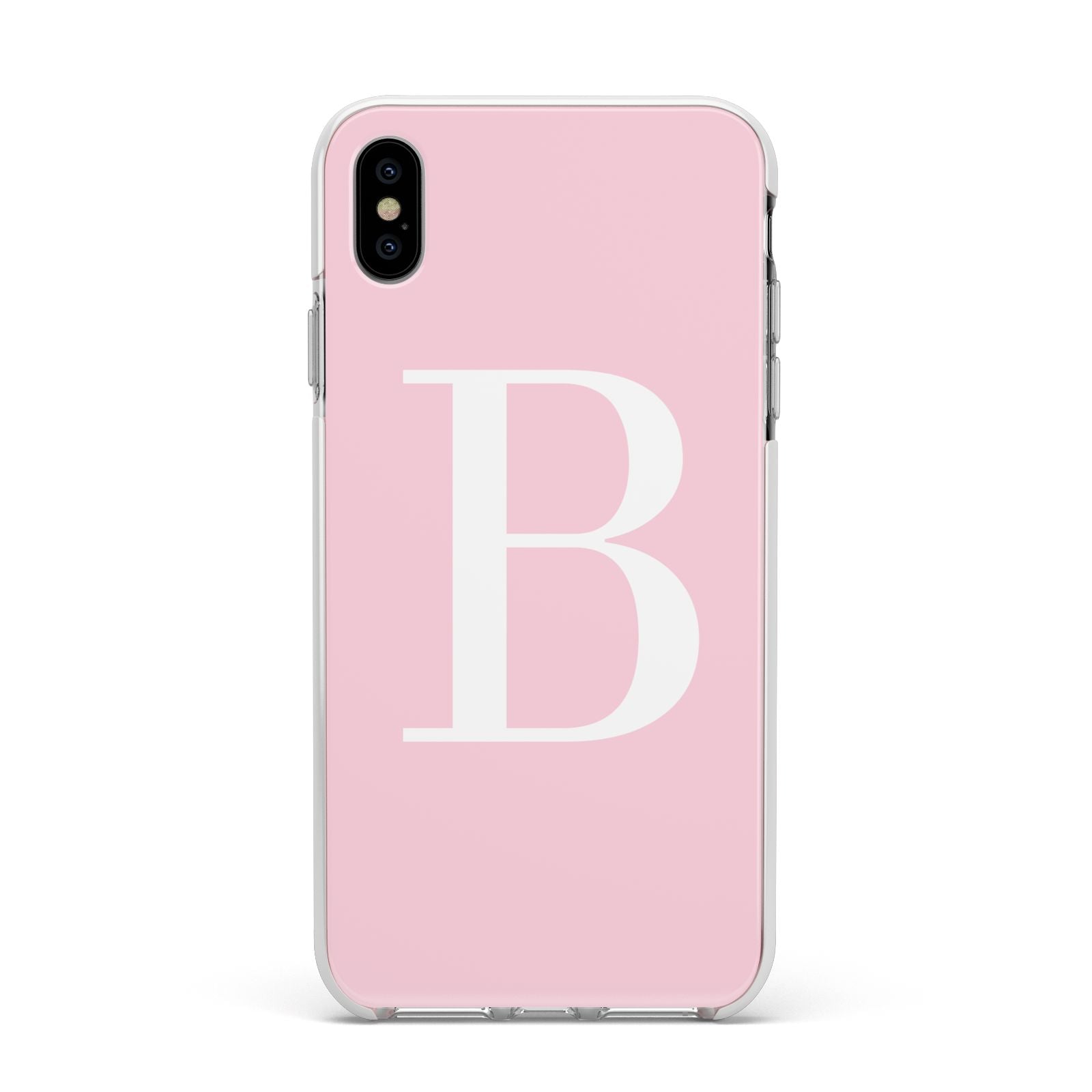 Personalised Pink White Initial Apple iPhone Xs Max Impact Case White Edge on Silver Phone