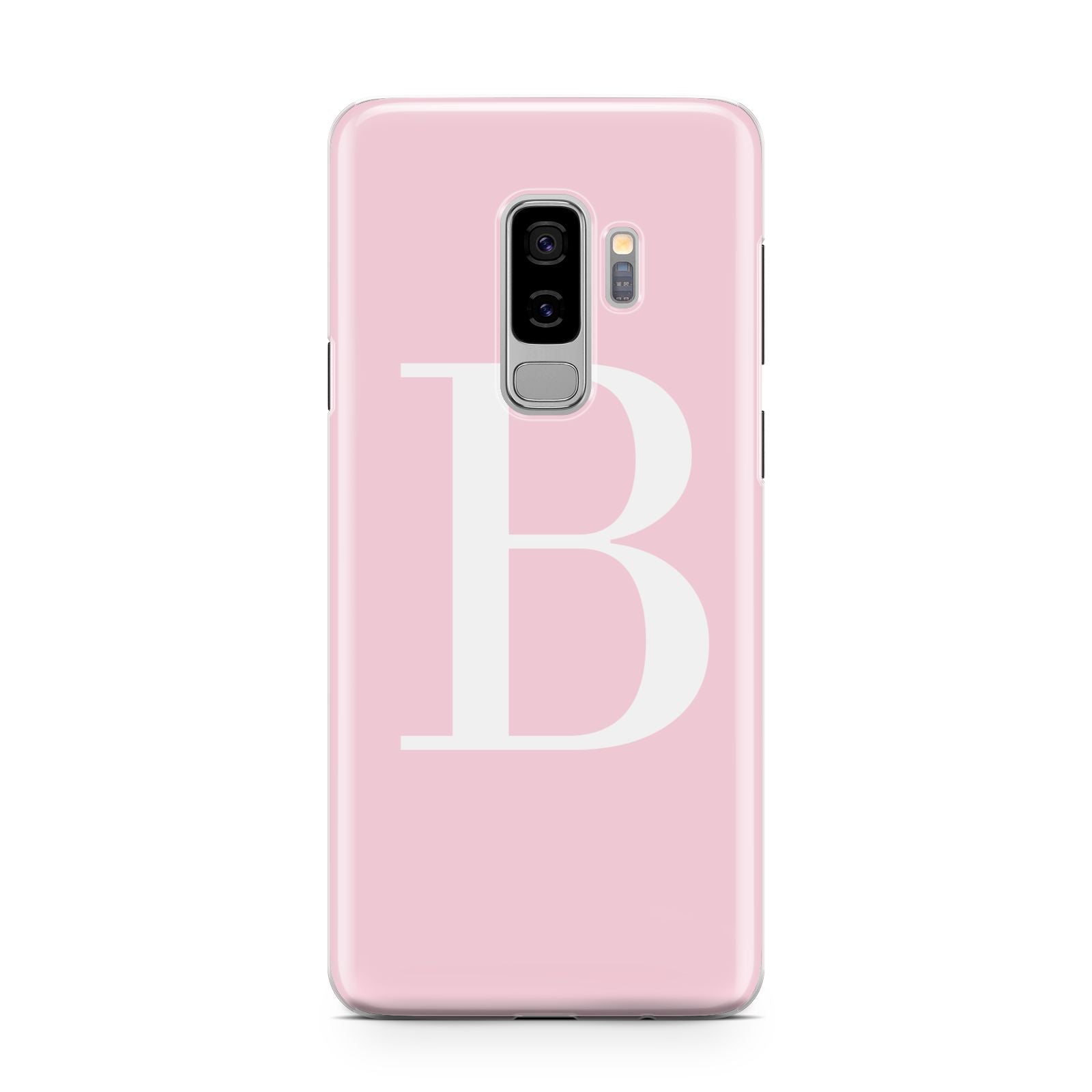 Personalised Pink White Initial Samsung Galaxy S9 Plus Case on Silver phone