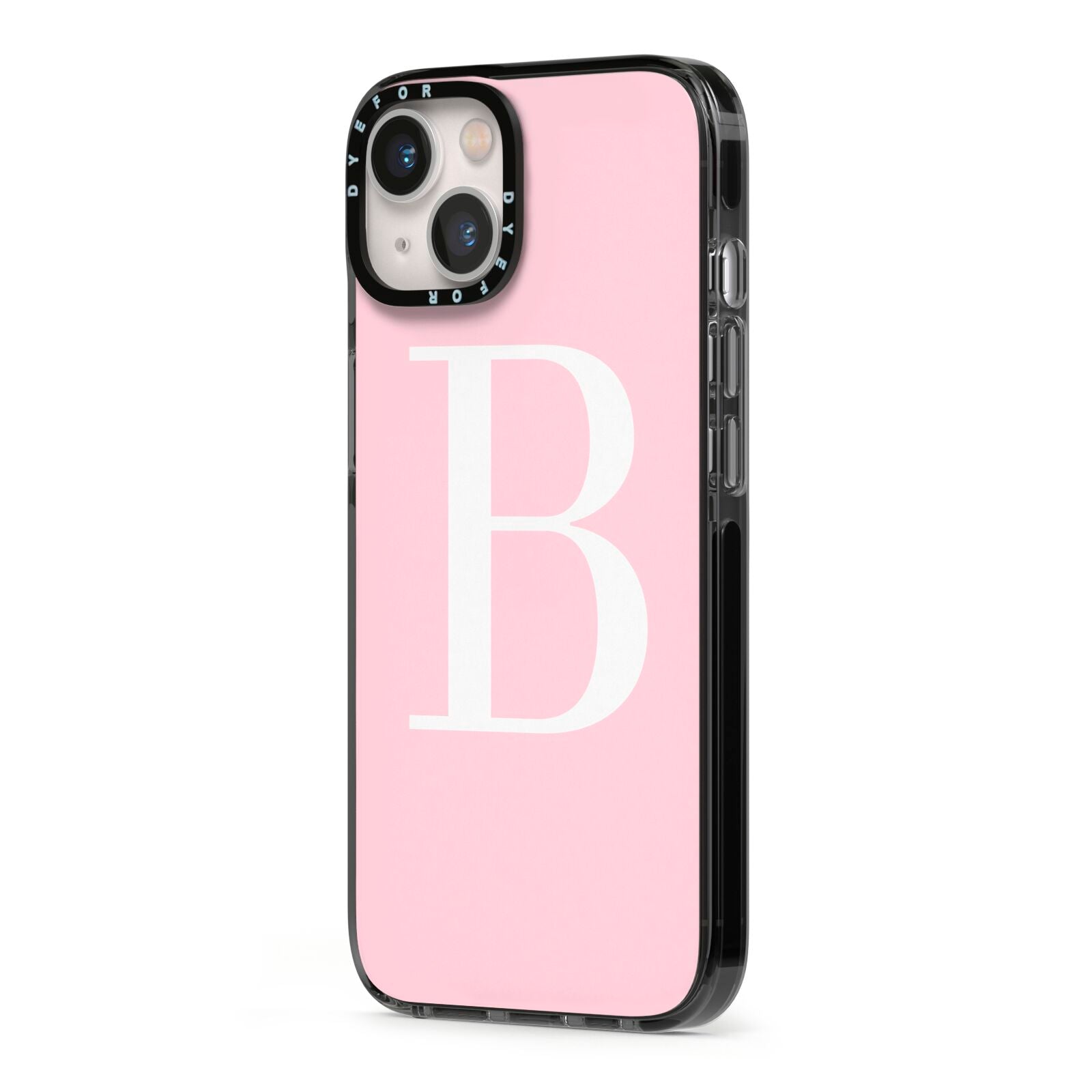 Personalised Pink White Initial iPhone 13 Black Impact Case Side Angle on Silver phone