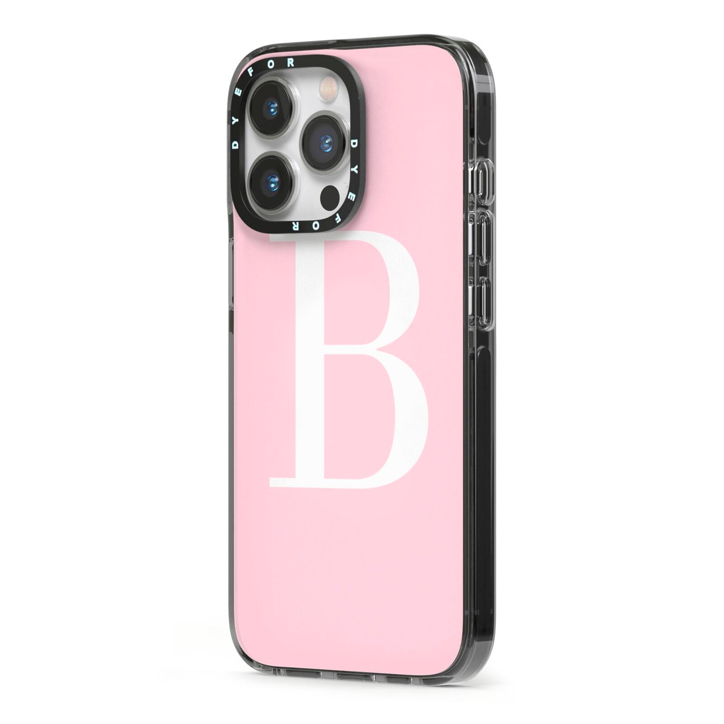 Personalised Pink White Initial iPhone 13 Pro Black Impact Case Side Angle on Silver phone