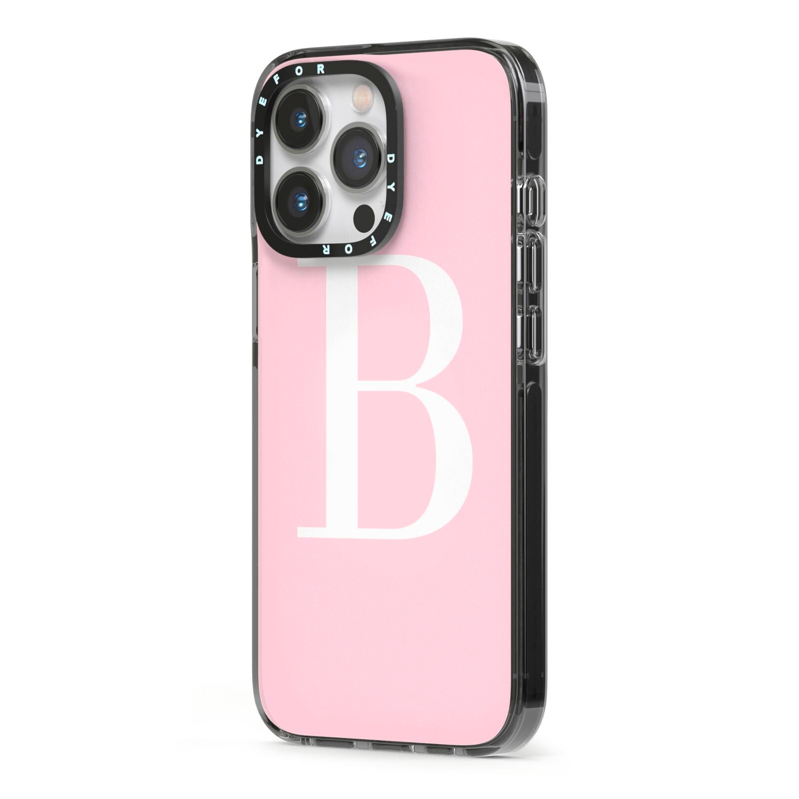 Personalised Pink White Initial iPhone 13 Pro Black Impact Case Side Angle on Silver phone