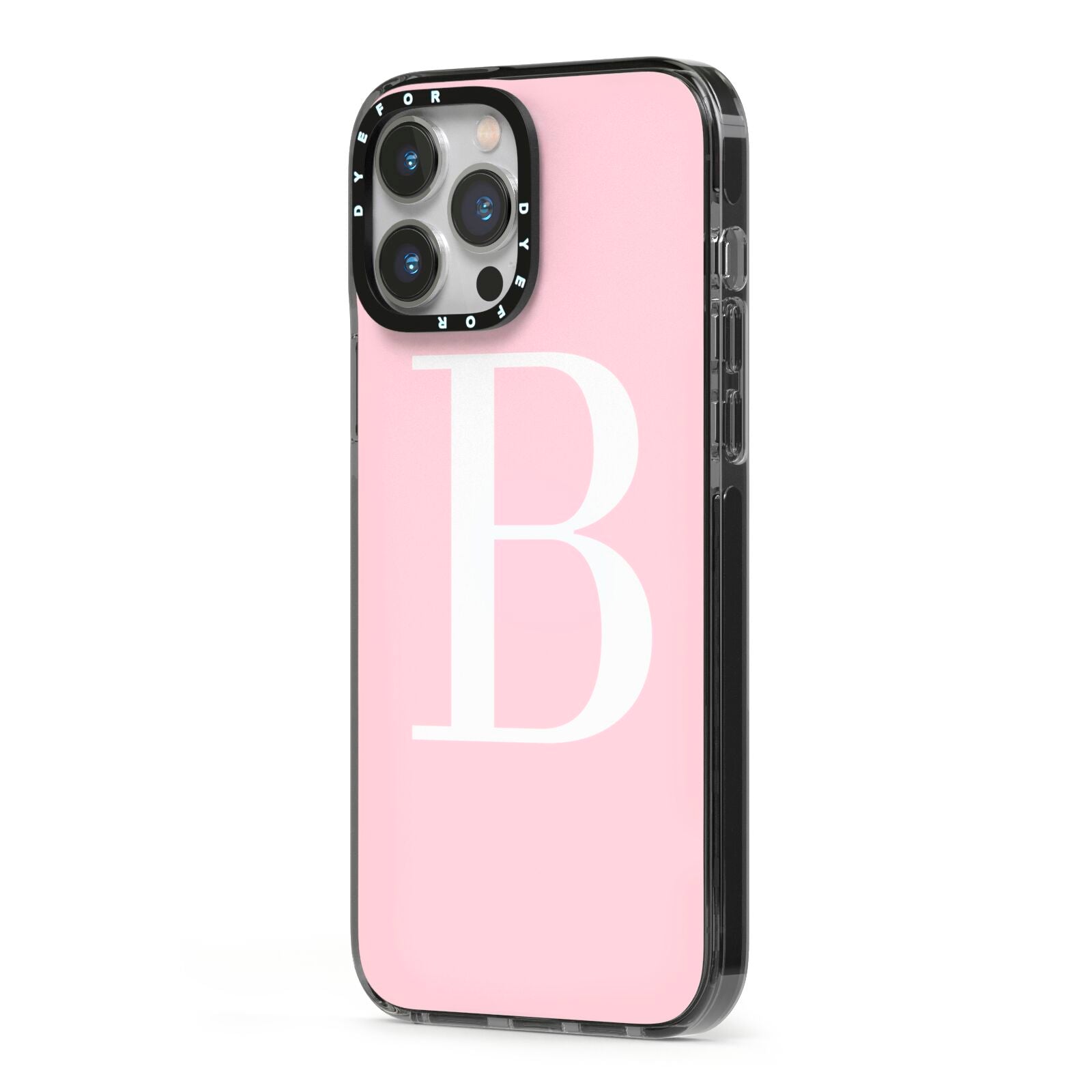 Personalised Pink White Initial iPhone 13 Pro Max Black Impact Case Side Angle on Silver phone