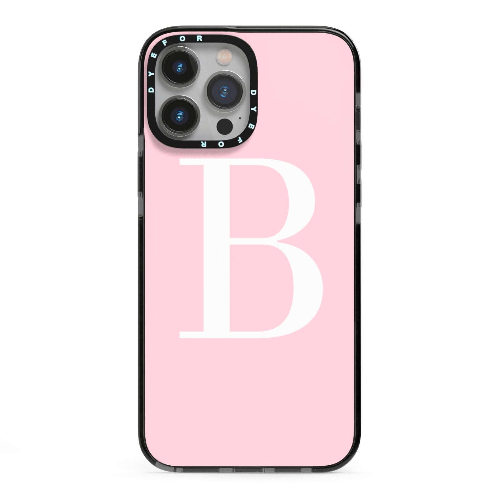 Personalised Pink White Initial iPhone 13 Pro Max Black Impact Case on Silver phone