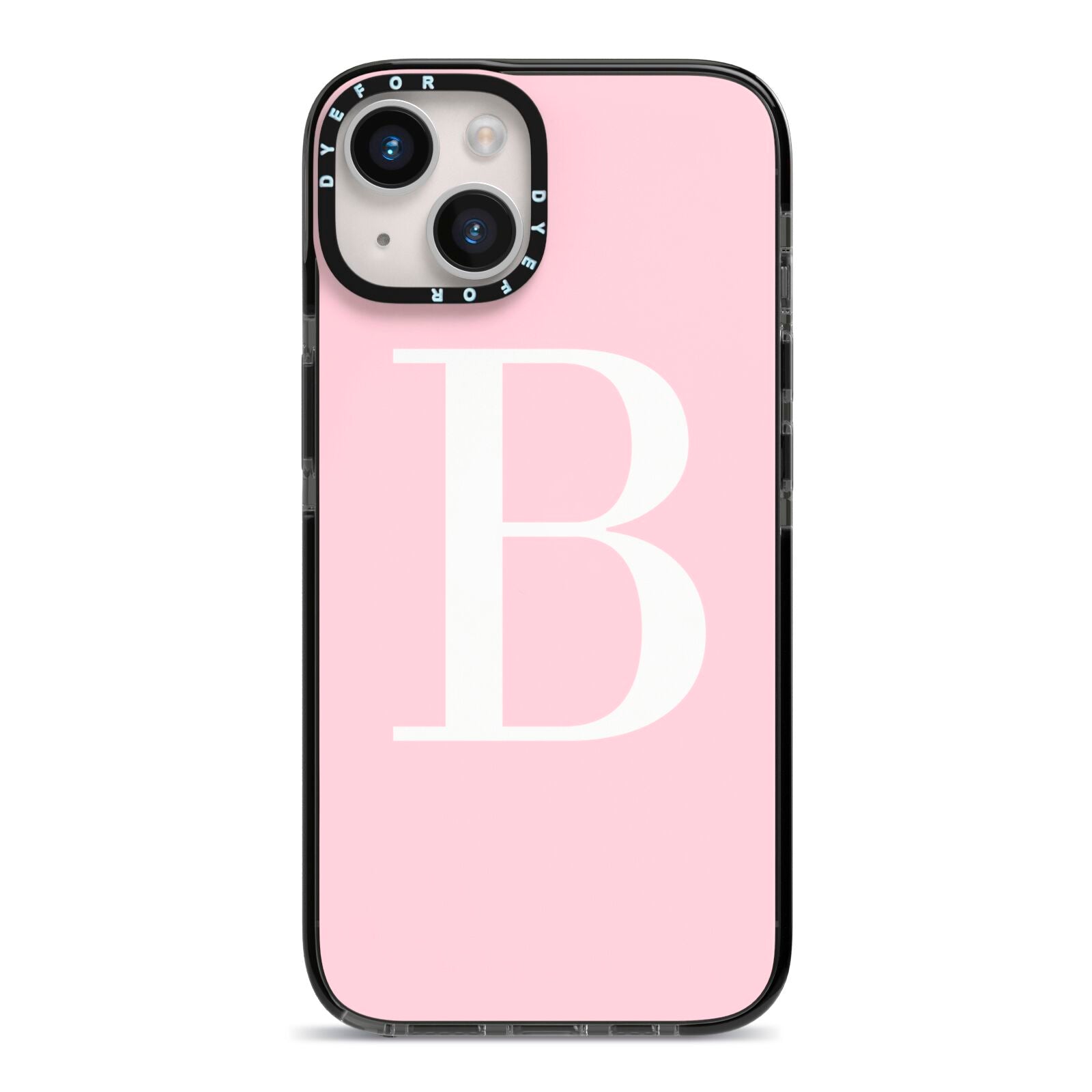 Personalised Pink White Initial iPhone 14 Black Impact Case on Silver phone