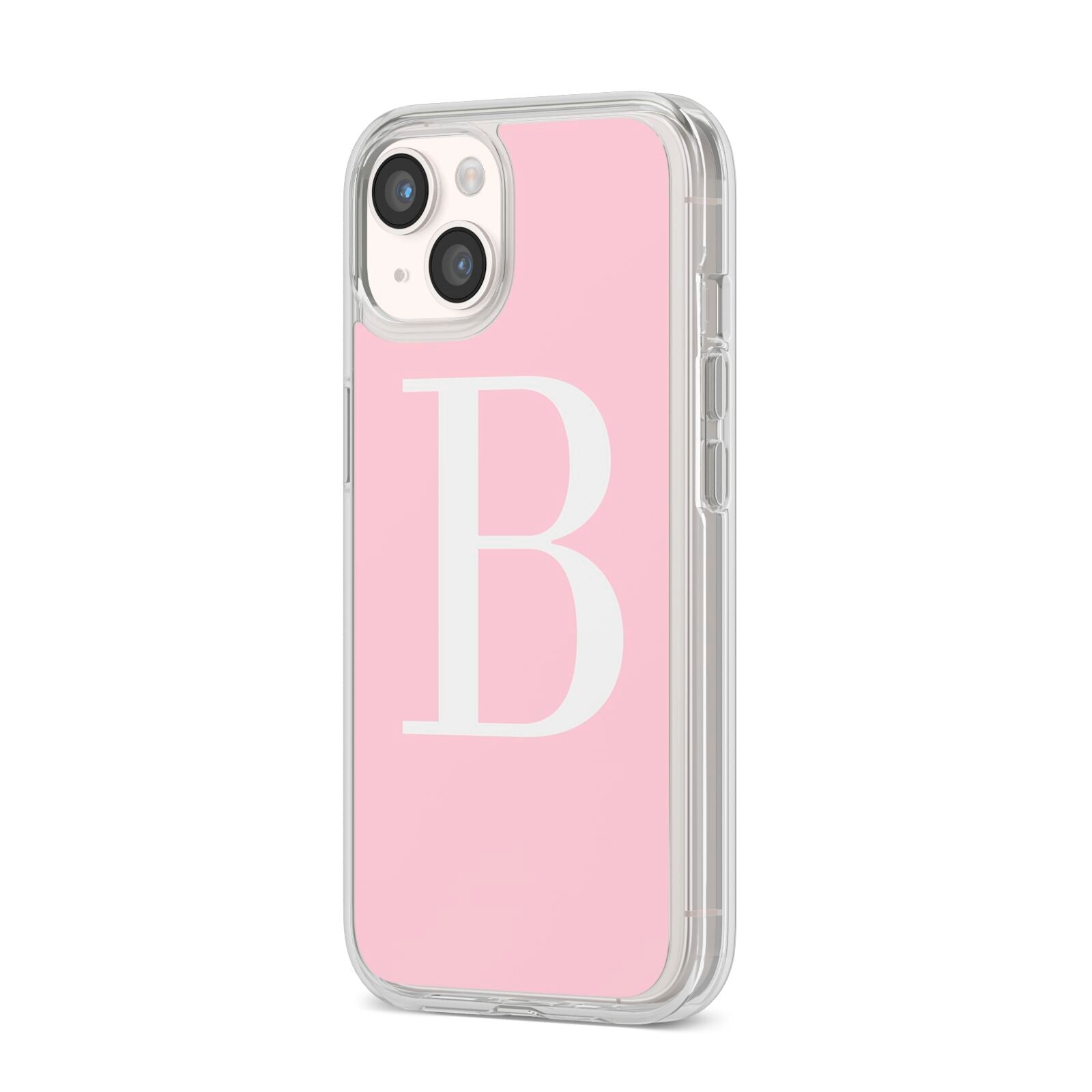 Personalised Pink White Initial iPhone 14 Clear Tough Case Starlight Angled Image