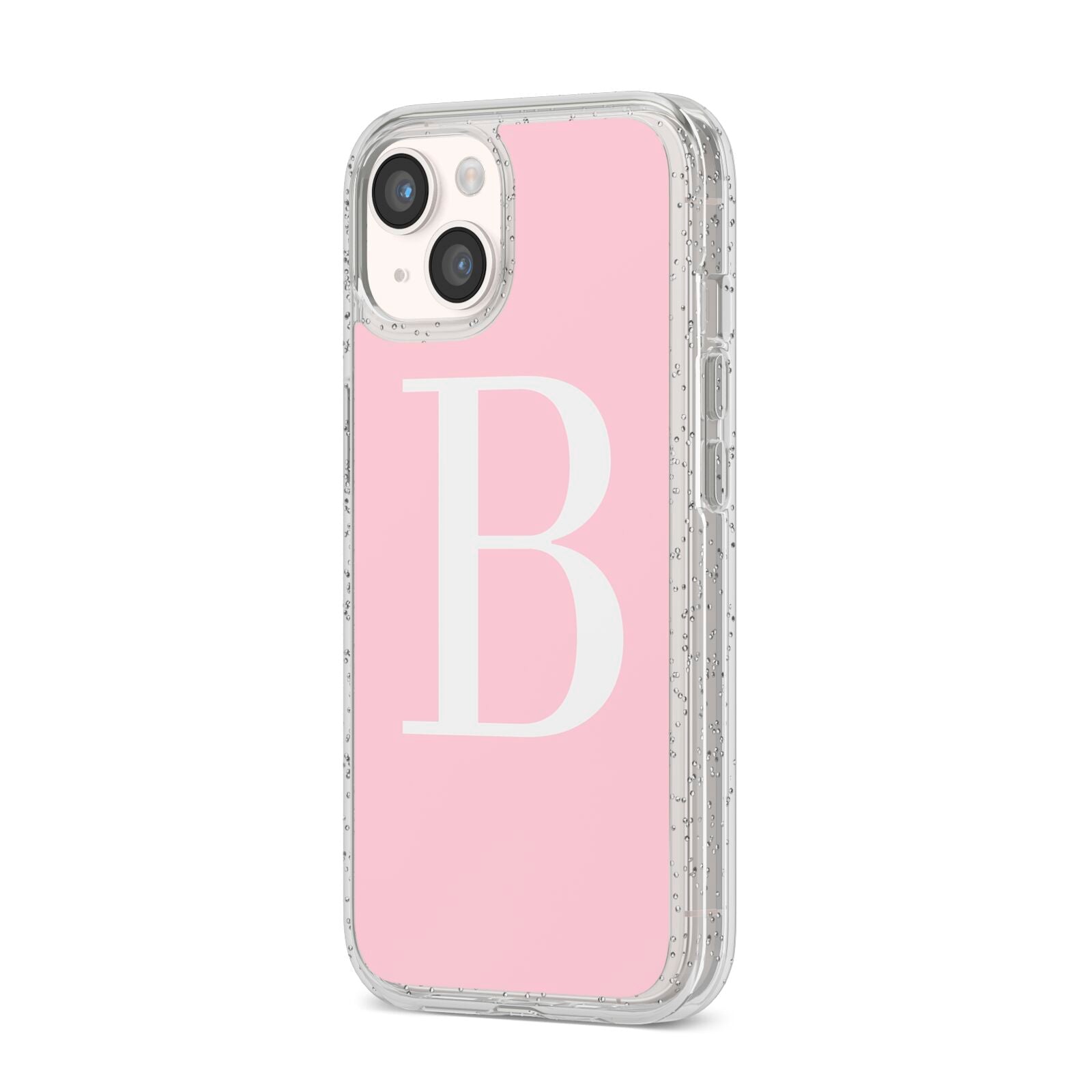 Personalised Pink White Initial iPhone 14 Glitter Tough Case Starlight Angled Image