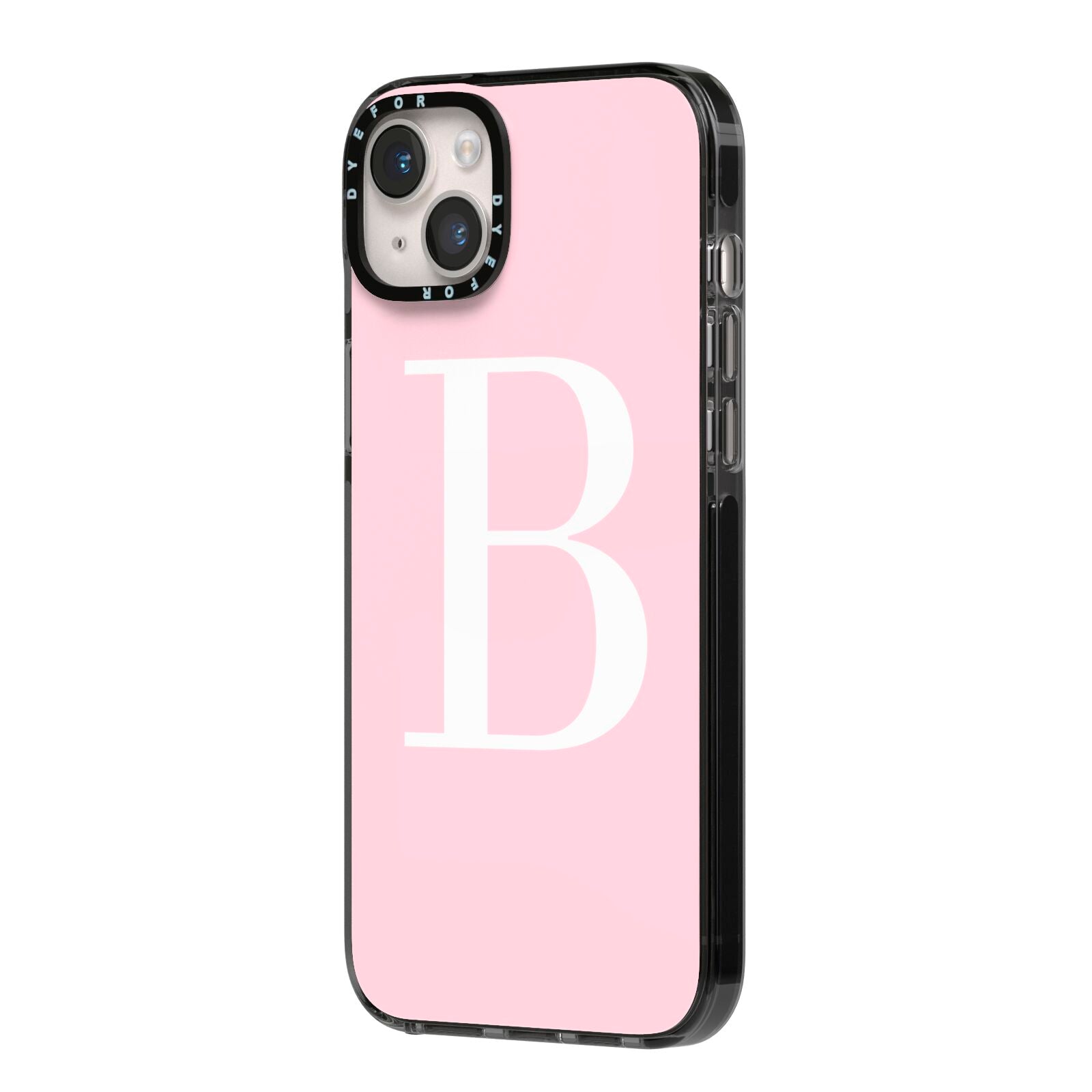 Personalised Pink White Initial iPhone 14 Plus Black Impact Case Side Angle on Silver phone