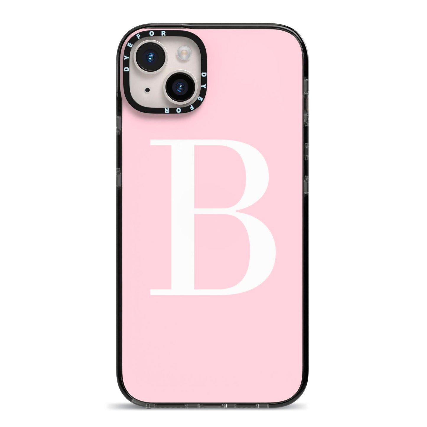 Personalised Pink White Initial iPhone 14 Plus Black Impact Case on Silver phone