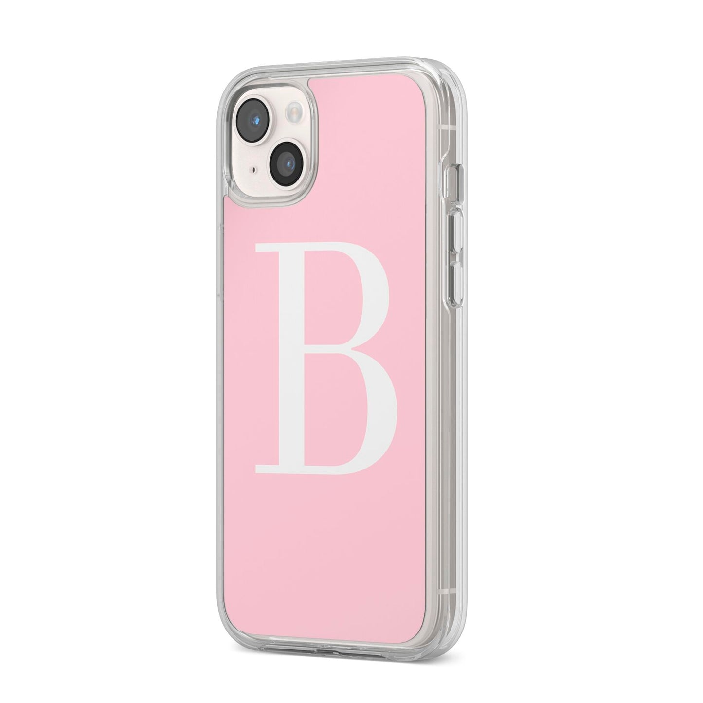 Personalised Pink White Initial iPhone 14 Plus Clear Tough Case Starlight Angled Image