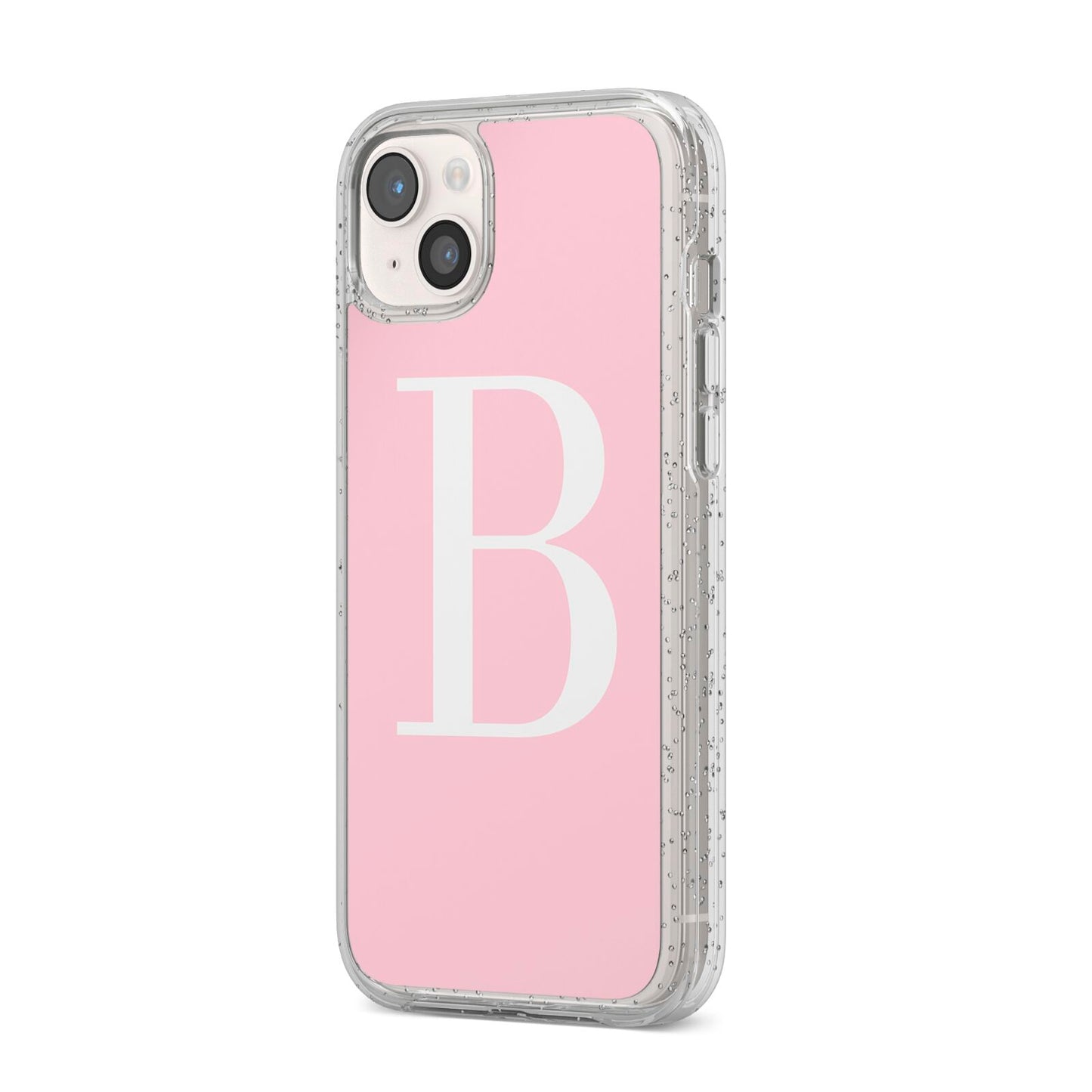 Personalised Pink White Initial iPhone 14 Plus Glitter Tough Case Starlight Angled Image