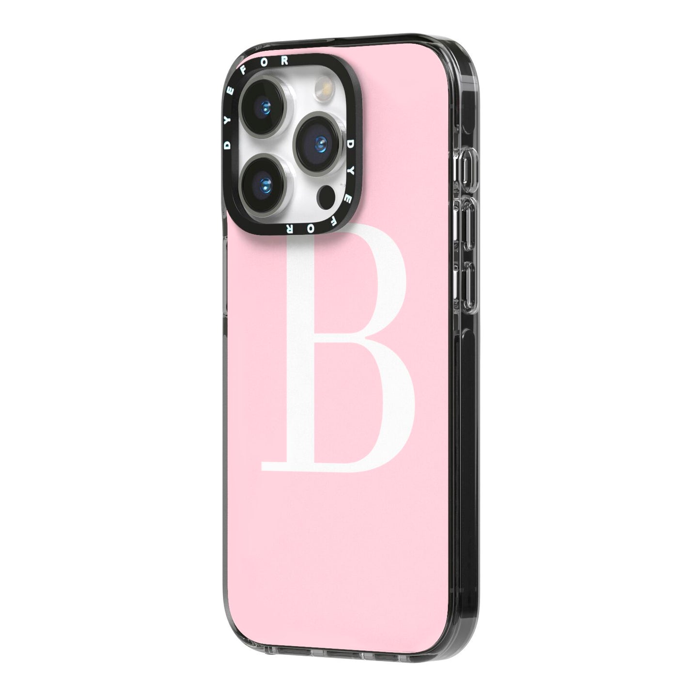 Personalised Pink White Initial iPhone 14 Pro Black Impact Case Side Angle on Silver phone