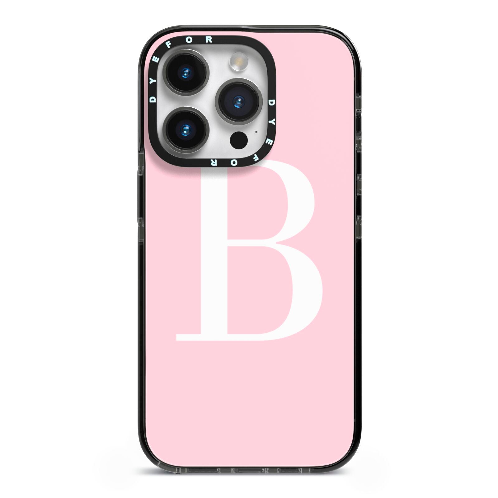 Personalised Pink White Initial iPhone 14 Pro Black Impact Case on Silver phone