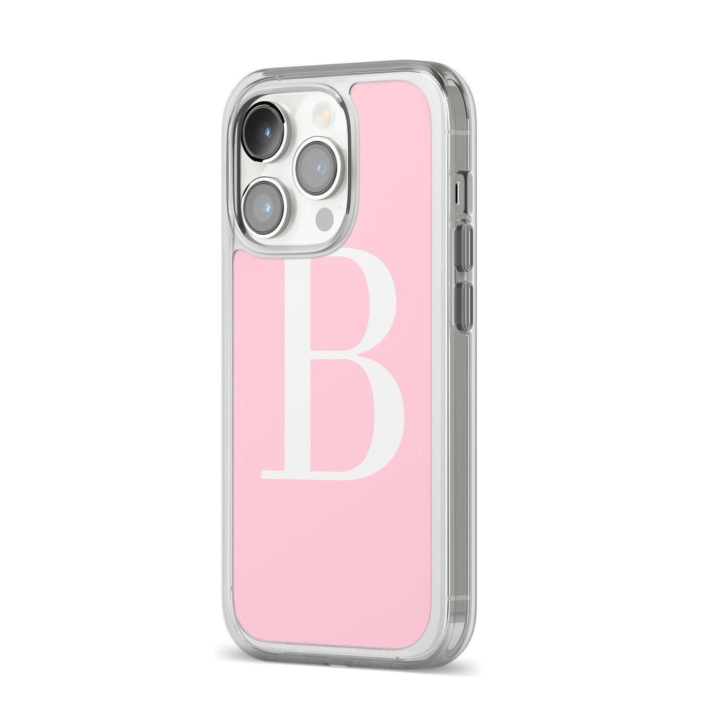 Personalised Pink White Initial iPhone 14 Pro Clear Tough Case Silver Angled Image