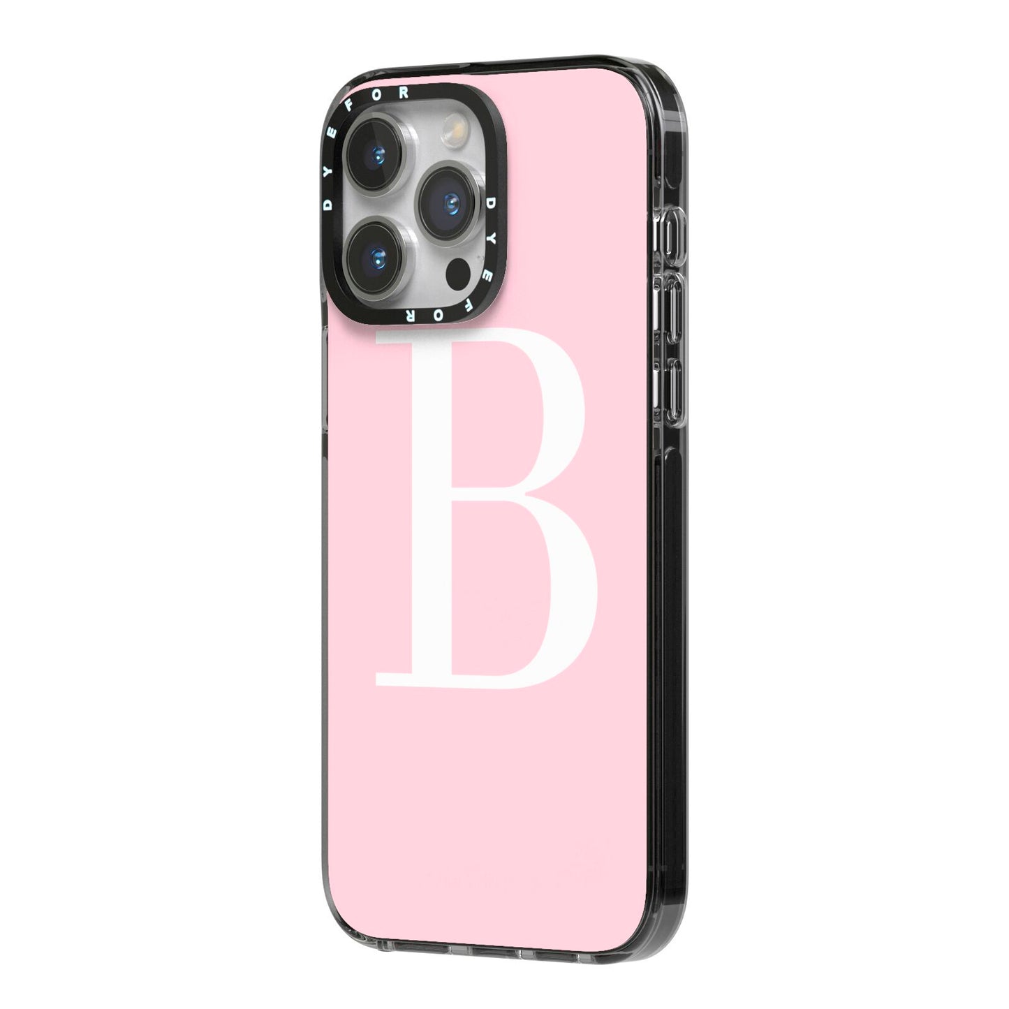 Personalised Pink White Initial iPhone 14 Pro Max Black Impact Case Side Angle on Silver phone