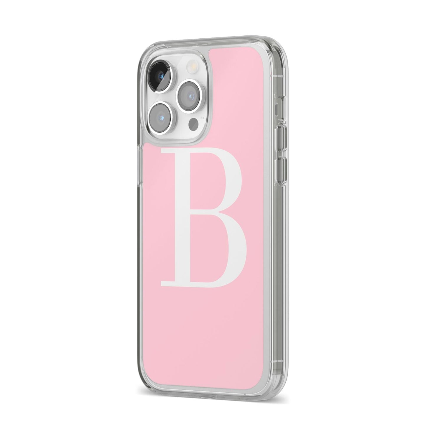 Personalised Pink White Initial iPhone 14 Pro Max Clear Tough Case Silver Angled Image