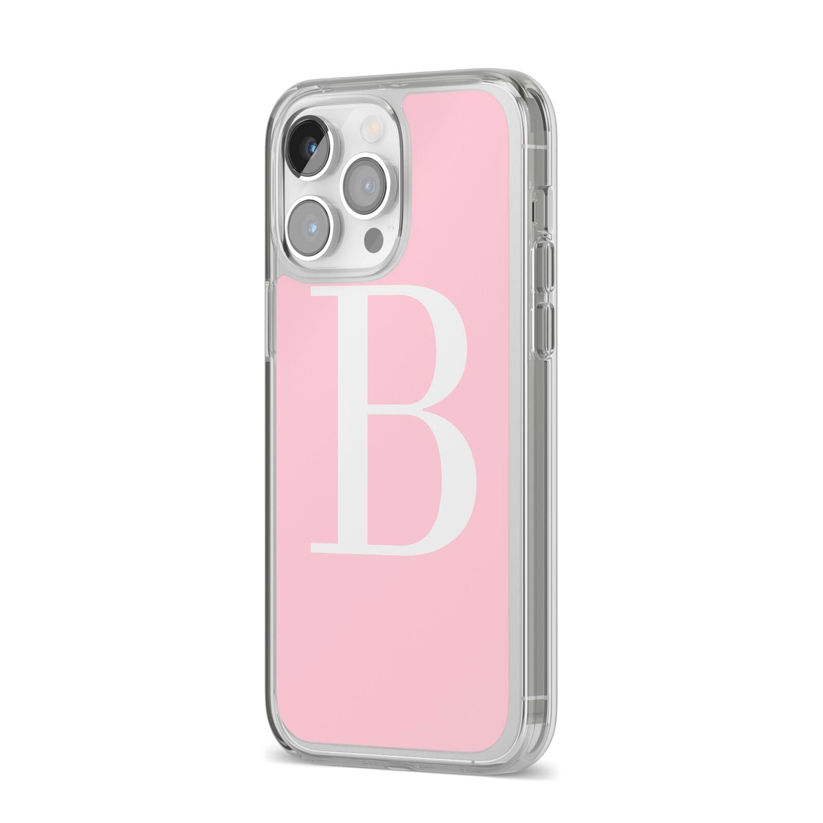 Personalised Pink White Initial iPhone 14 Pro Max Clear Tough Case Silver Angled Image