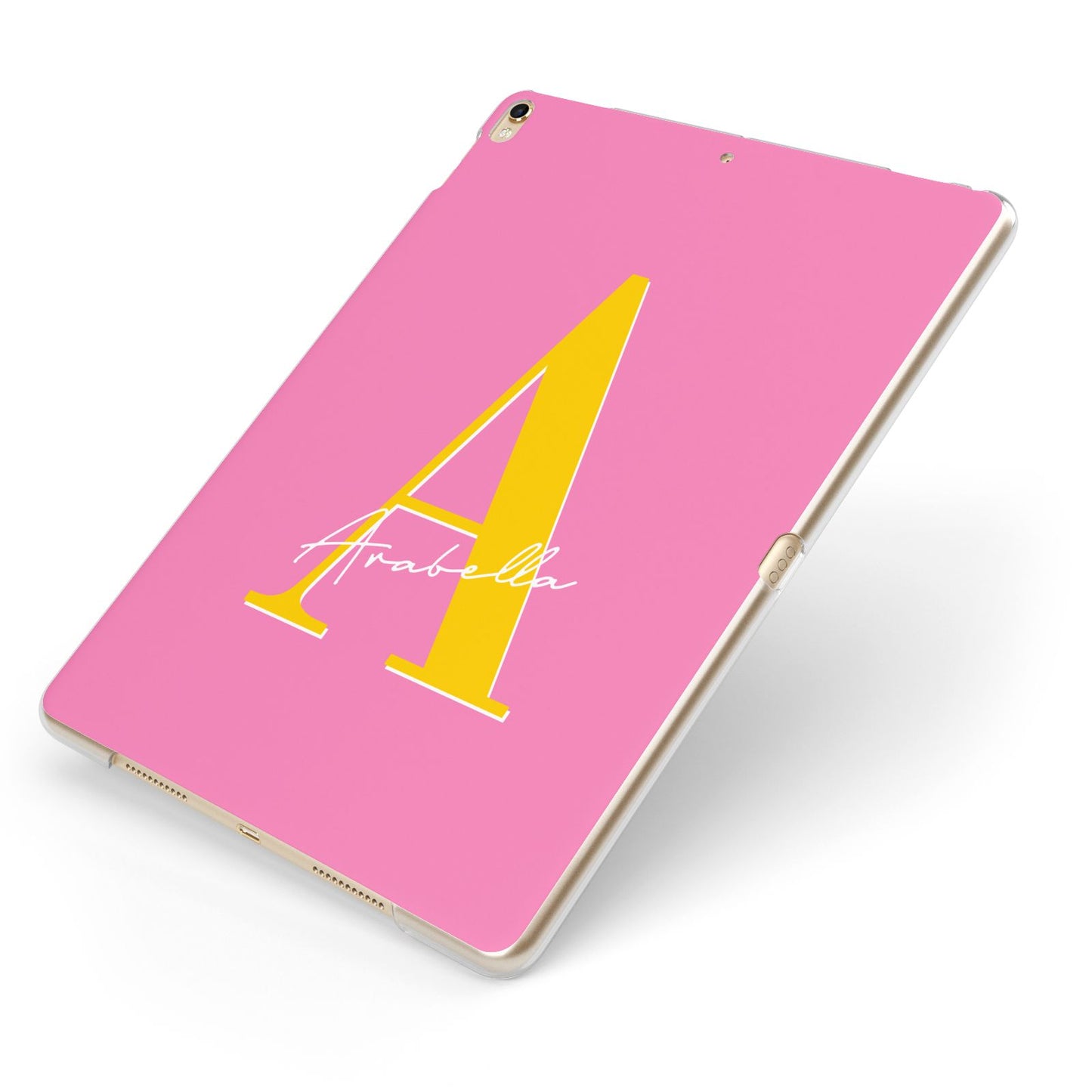 Personalised Pink Yellow Initial Apple iPad Case on Gold iPad Side View