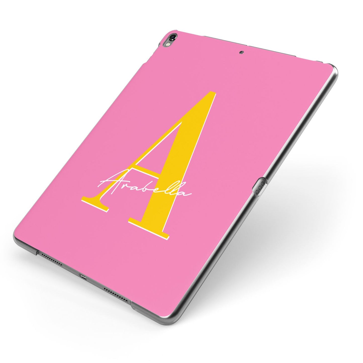 Personalised Pink Yellow Initial Apple iPad Case on Grey iPad Side View