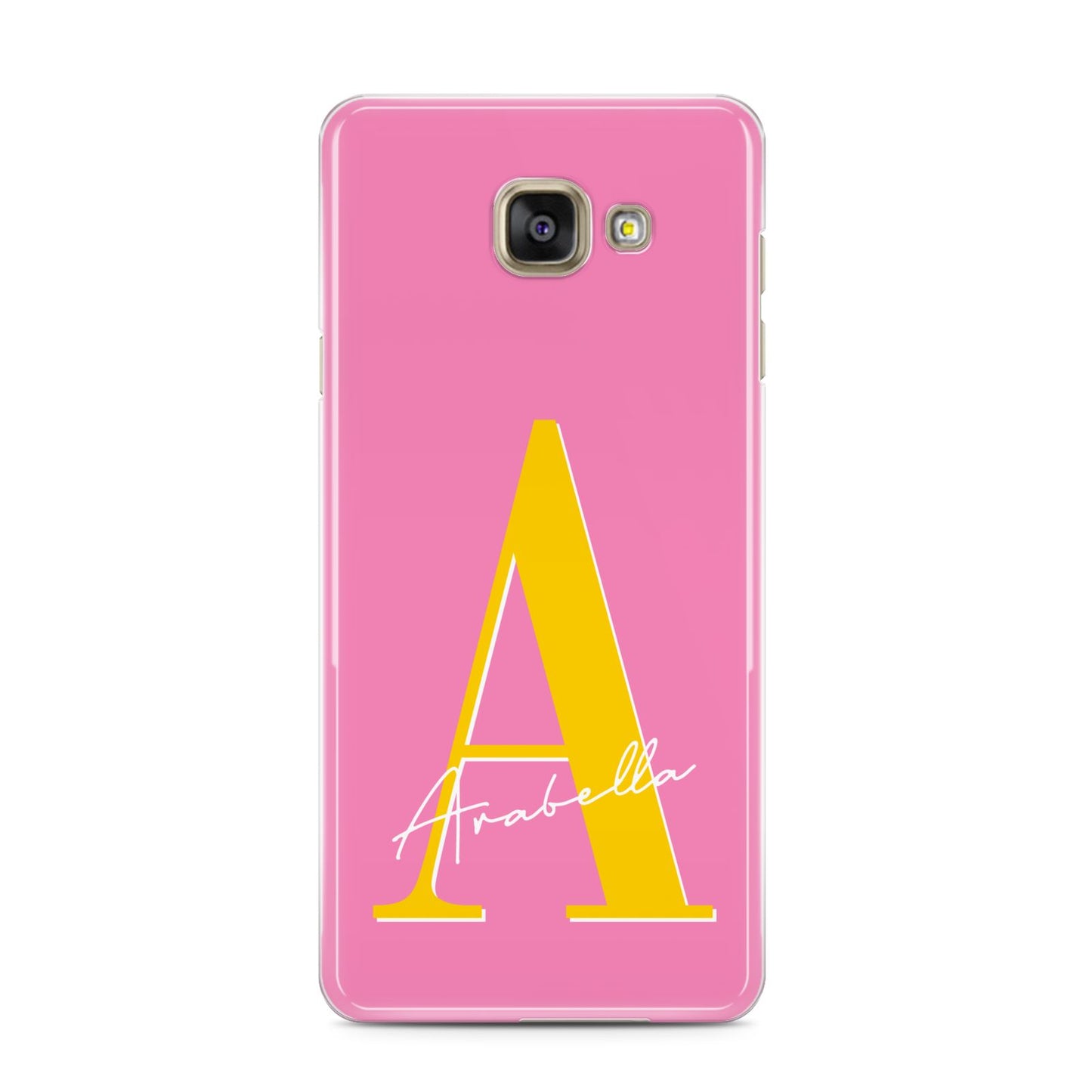 Personalised Pink Yellow Initial Samsung Galaxy A3 2016 Case on gold phone